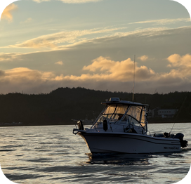 boat sitting on water in sunset with island and clouds behind boat